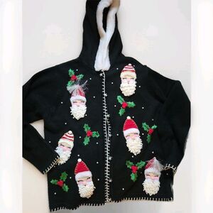 Victoria JONES  M Black Button Up CHRISTMAS Cardigan Sweater W/ Hood 3-D Santa's